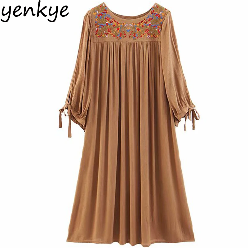 

Summer Women Floral Embroidery Oversized Dress Lady O Neck Tie Cuffs Roomy Sleeve Midi Holiday Casual Dress SDP6068