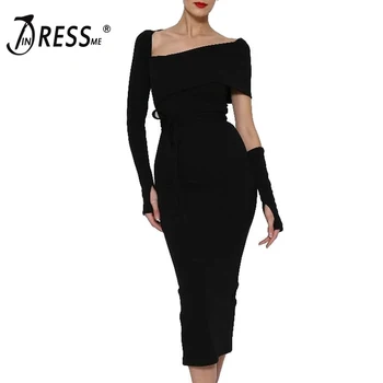 

INDRESSME 2019 New Women Sexy Dresses Asymmetrical Neck Lace Up Dress With Glove Long Sleeve Party Dress New Arrival