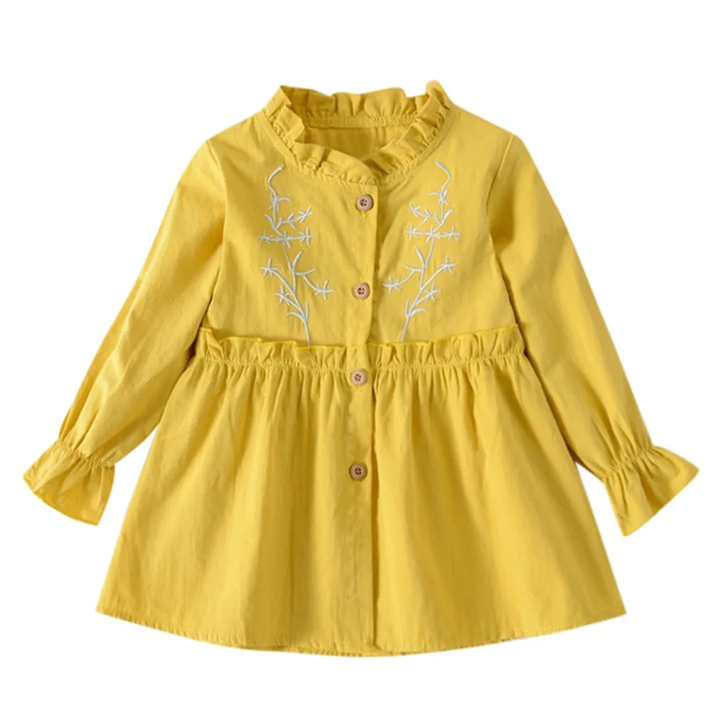 Trendy Toddler Baby Girls Floral Ruched Floral Dressed Casual Yellow Long Sleeve Girl Clothes Costumes Roupas Infantis