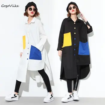 

Color Block Blouse Women 2018 Irregular Long Sleeve Louse Long Sleeve Women Tops and Blouses Loose Long Korean LT089S30
