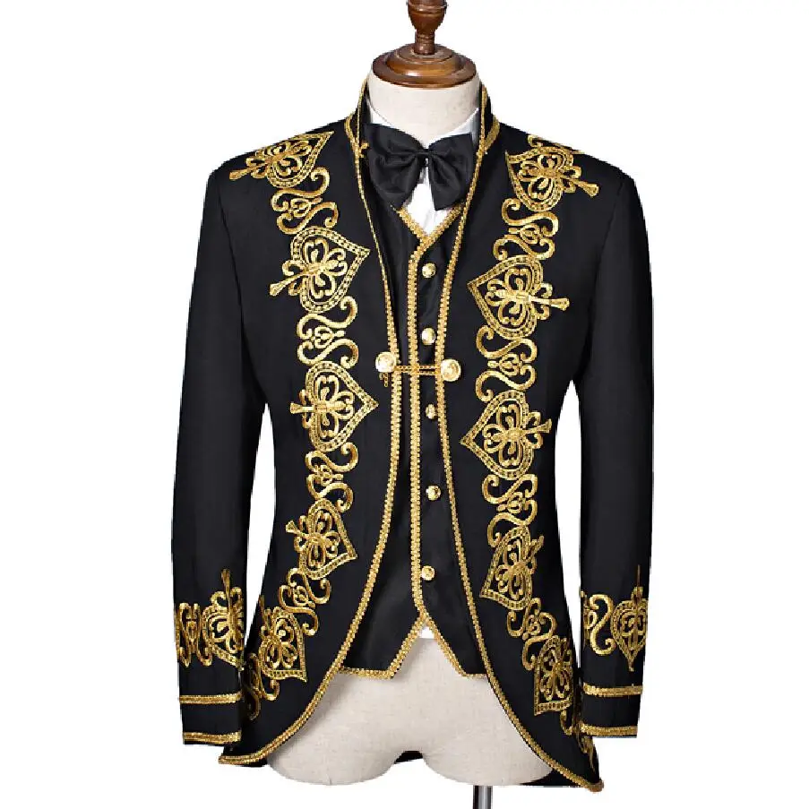 

(Jacket+Vest+pant) 2017 New men wedding suits masculino Slim Fit Embroidered Gold black gown Male Singer Groom mens suit Tuxedo