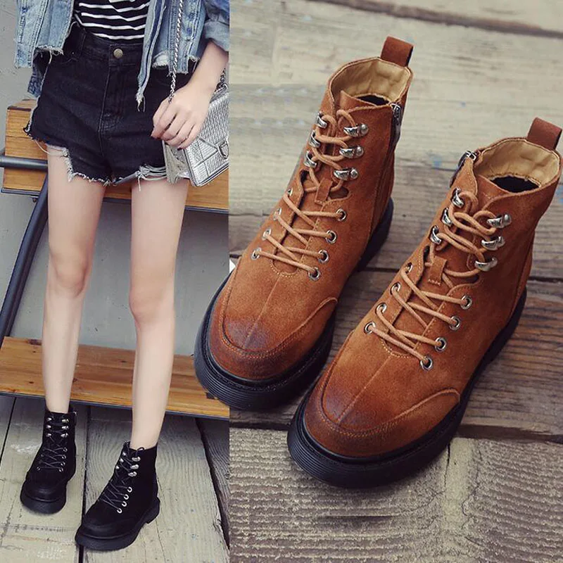 Lacets Martin Plat Muscle Talons Femme Bottes Hauts En Cuir Filles Nubuck black À forme 3540 Plate Vache Mode Zipper De Brown Chaussures IH9WED2Y