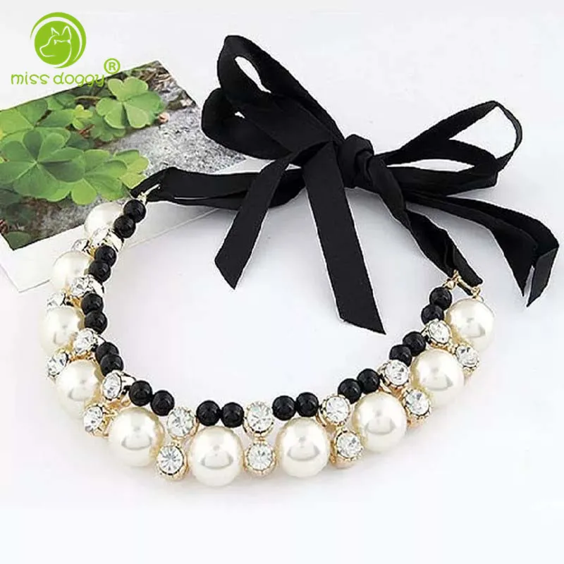 

Fashion Pearl Decoration Puppy Dog Cat Collar Chain Ropes Bow Tie Ribbon Splice Novelty Pet Dog Cat Necklace Apparels 20E