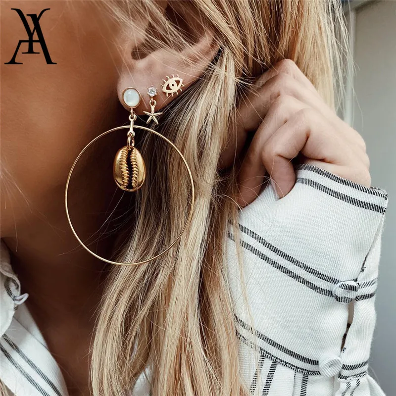 

Boho Gold Color Turkish Eye Starfish Shell Drop Earrings Set Ocean Beach Cowrie Seashell Big Circle Statement Earrings for Women