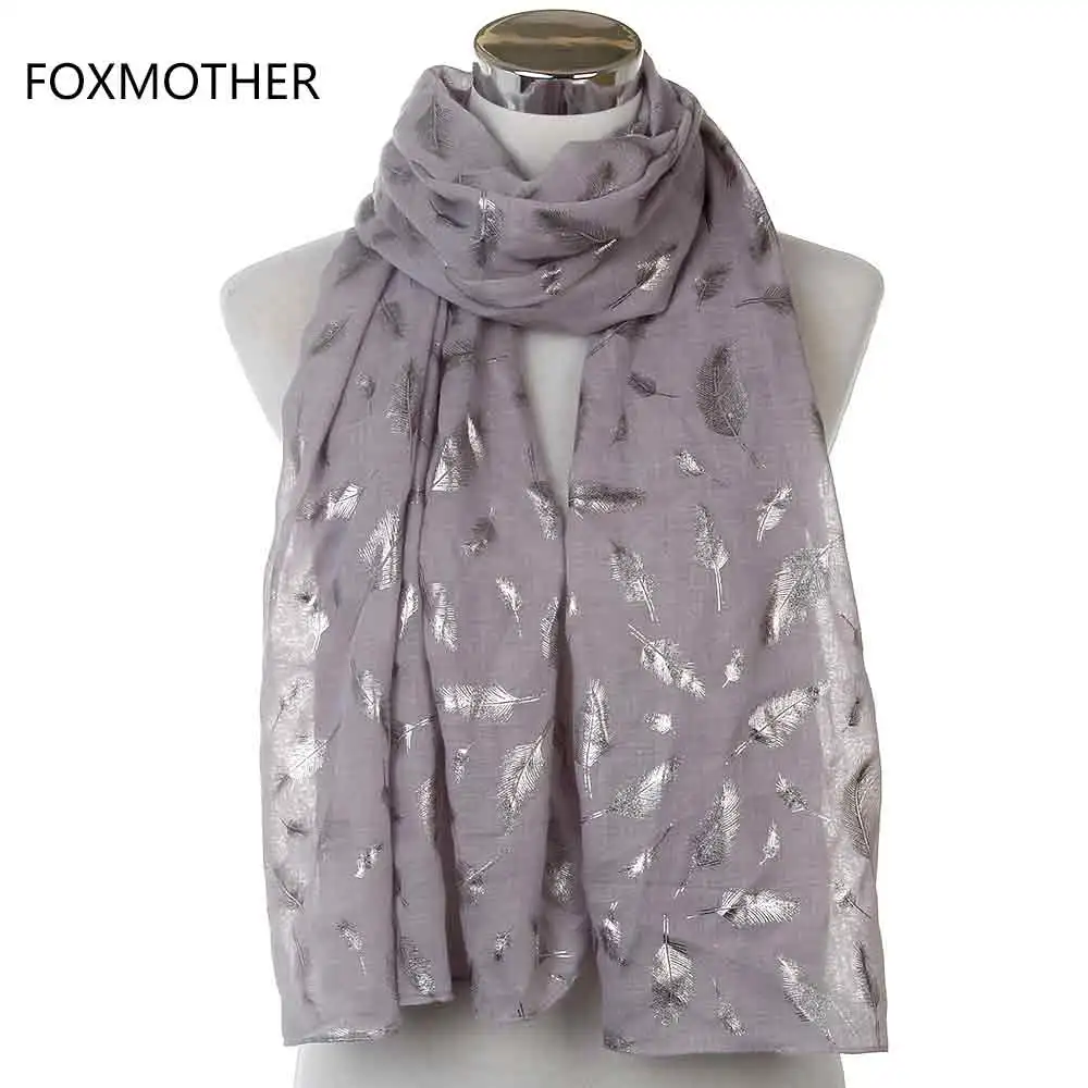 FOXMOTHER модные женские белые темно-синие желтые бронзовые фольга Серебряное перо кольцо шарфы шейный шарф блестящий платок - Цвет: Grey Long