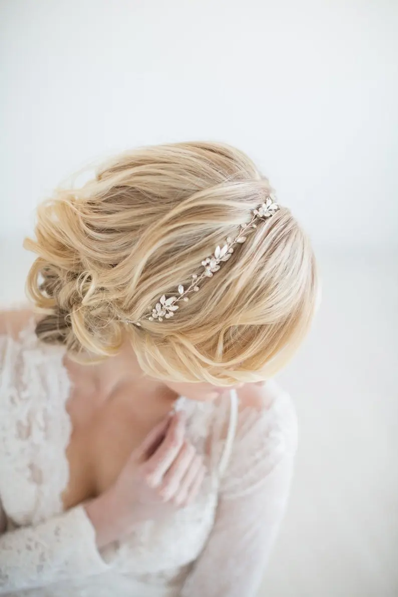 

Wedding Hair Vine, Gold Bridal Headpiece, Silver Bridal Headband, Wedding Gold Leaf Hairpiece, Crystal Hair Vine