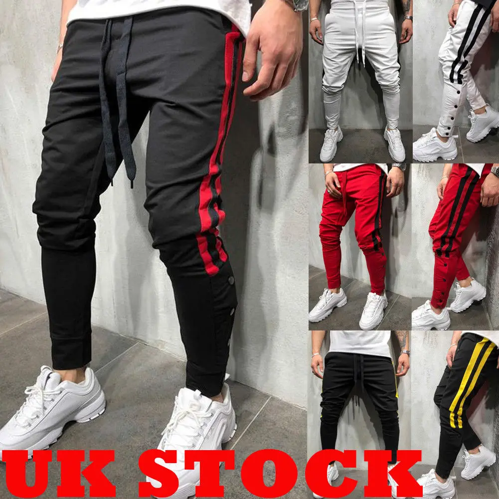US Men Slim Fit Side Streped Trousers Tracksuit Buckle Skinny Joggers Long Pants