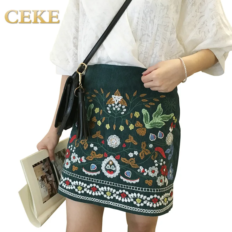 Spring 2017 A Line Mini Ethnic Women Skirts Short Green Embroidered