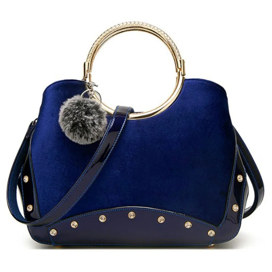 

Luxury Velvet Circle Top Handle Handbag Rivet Vintage Elegant Shoulder Bag Women Cross Body Patch Shell Retro Bag With Fur Ball
