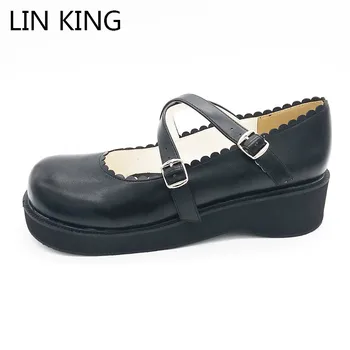 

LIN KING Casual Wedges Women Pumps Punk Mary Janes Round Toe Platform Shoes Black Pu Leather Lady Lolita Shoes For Spring Autumn