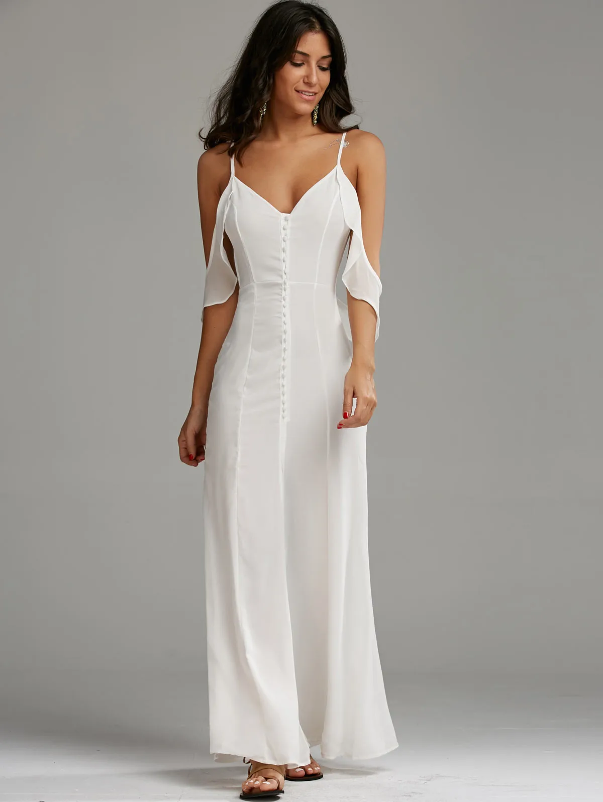 Fashion Women White Long Maxi Dress Split Party Evening V Neck Dressin