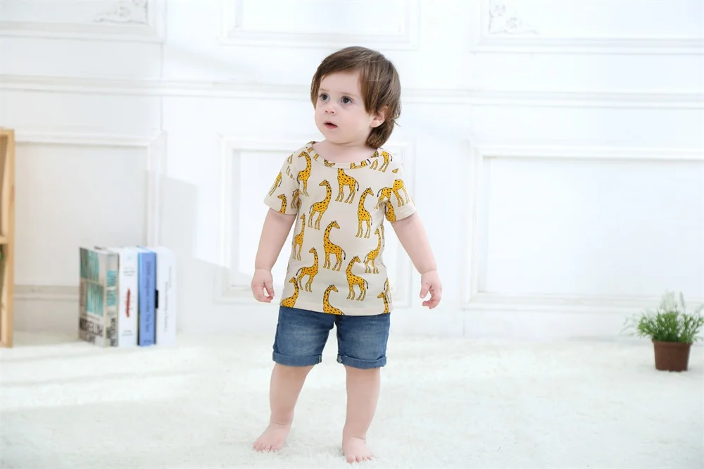 

boys girls short sleeve tops Fashion summer children's Baby Giraffe print Cotton T-shirt cartoon clothes suit for 12M-6Y