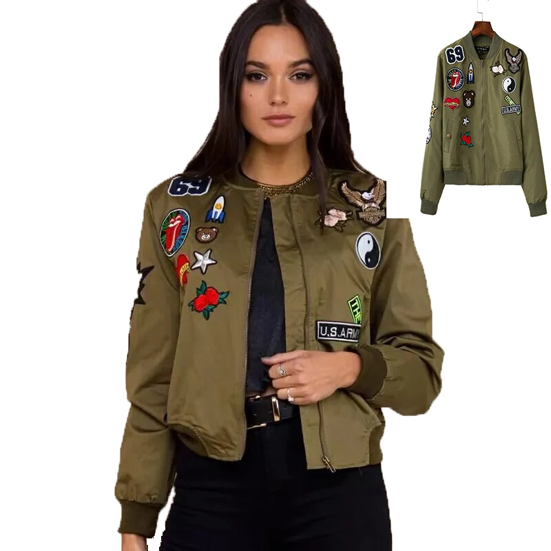2016 Fashion Women Autumn Army Green Embroidery Appliques Jacket Floral