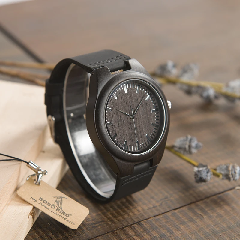 Ebony Wood Watches Man BOBO BIRD relojes hombre Quartz Wristwatches Male with Leather Strap as Gift Dropshipping
