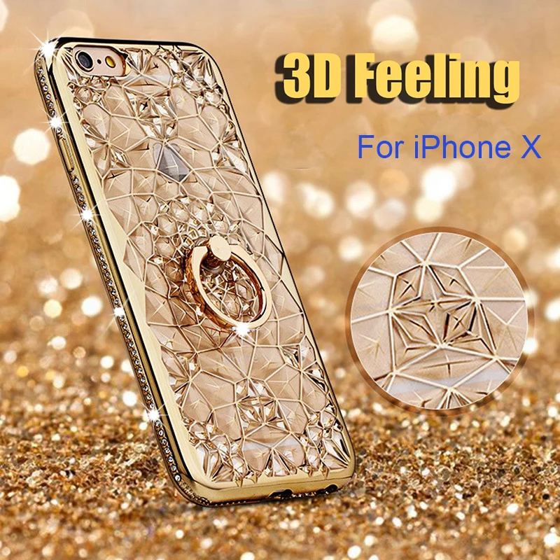 

Leanonus Diamond Cases For iPhone X 3D Rugged Glitter Stones Phone Case Capa For iPhone 8 7 Plus X Soft Metal Ring Mobile Cover