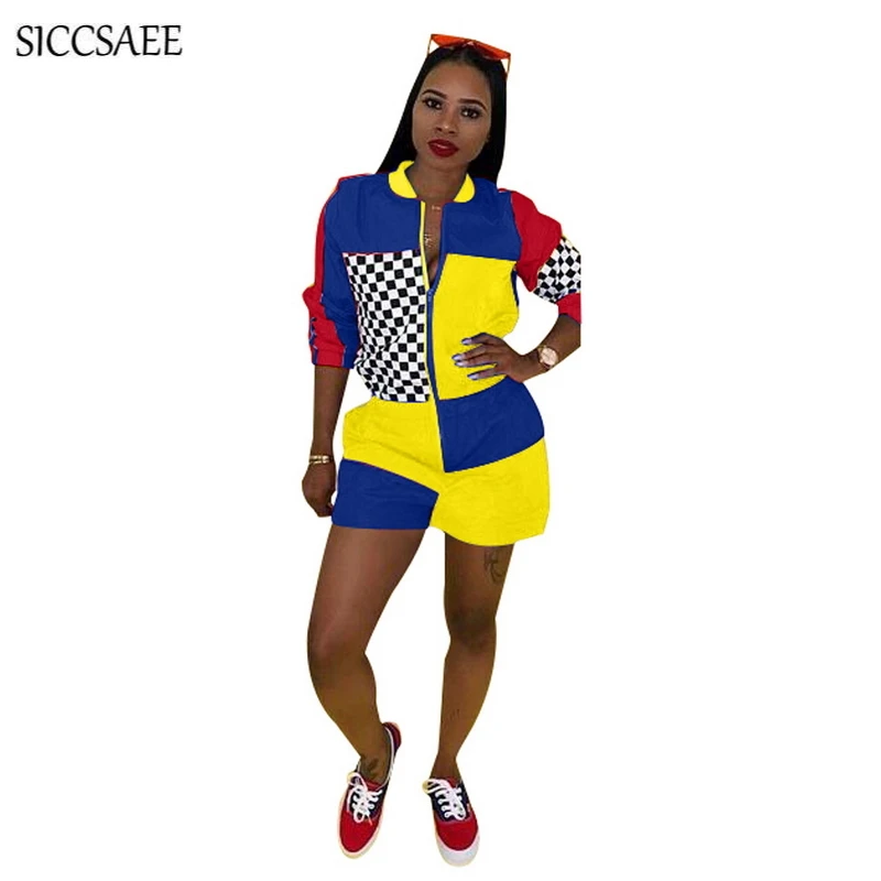Checkered Bodysuit Contrast Color Block Patchwork Playsuits Casual Outfits Shorts Motocycle Streetwear Plus Size Clothes Plaid Jumpsuits and Playsuits