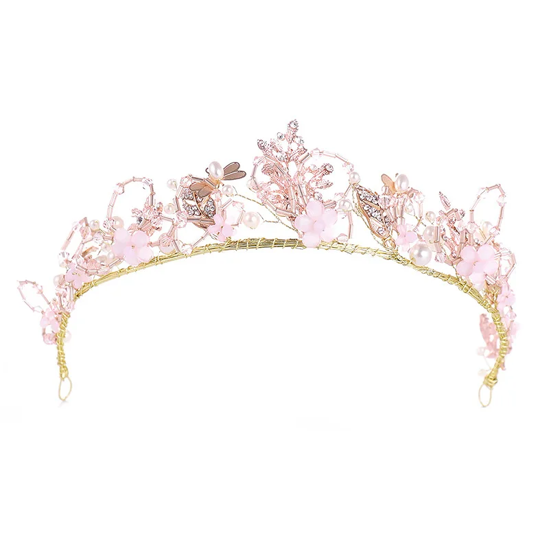 Girls Sweet Pink Color Party Tiaras Crown Women Handmade Simulated