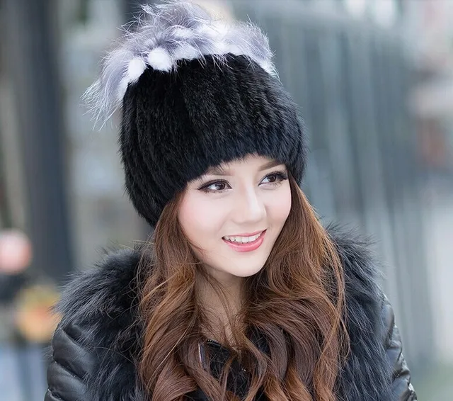 Cheap Dl-10316 Women Winter Real Fur Beanies Cap Genuine Mink Hat Elastic Handmade Princess Knitted Hat With Silver Fox Tops Headwear 