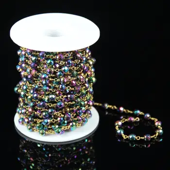 

Faceted Round Iron Pyrite Beads Chains Jewelry Bulk,Rainbow Titanium Plated Stones with Wire Wrapped Links Bracelets