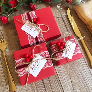 

100pcs Red Custom Wedding Candy box with card write your names Party Favors Gift boxes wholesale 6.5*6.5*4.5CM