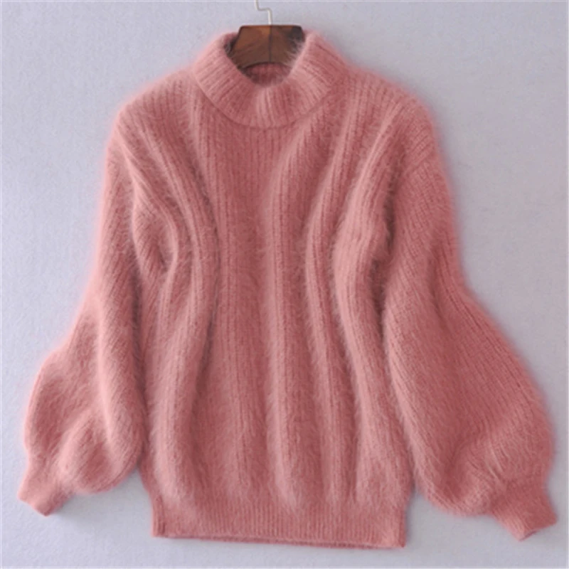 Зима Весна Мода Повседневный утолщенный теплый водолазка мохер женские свитера с рукавами-фонариками Повседневный однотонный тонкий пуловер