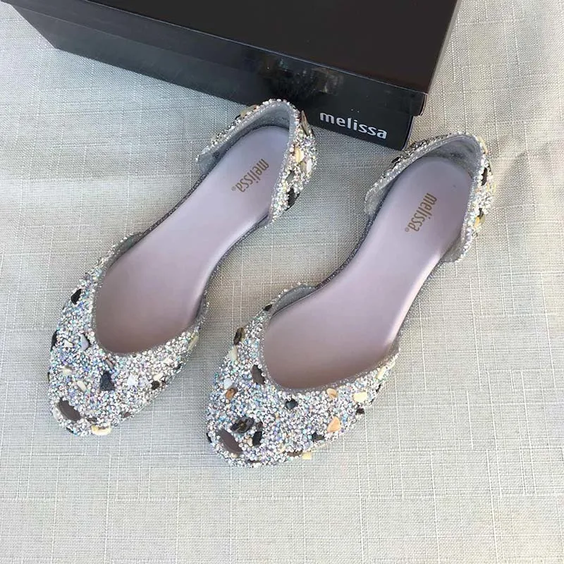Melissa/Новинка года; женские сандалии на плоской подошве с милыми бриллиантами; женская обувь Melissa; желейные сандалии с камнями; прозрачная обувь - Цвет: White no box