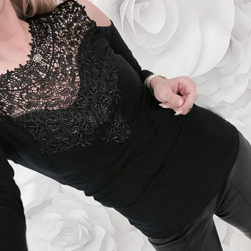 

MeiHuiDa 2018 Hot Style New Women Sexy Solid Lace Cold Shoulder Long Sleeve Slim Solid Hollow Out Blouse Top