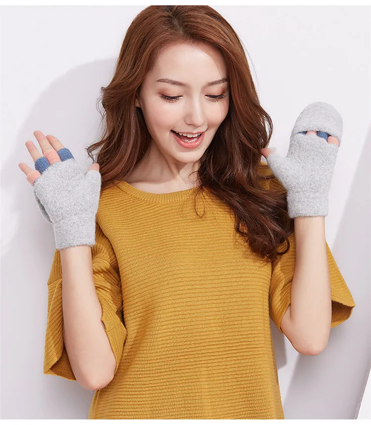 Милые зимние перчатки теплые шерстяные флип-топ перчатки флокированные теплые вязаные перчатки для девушек и женщин