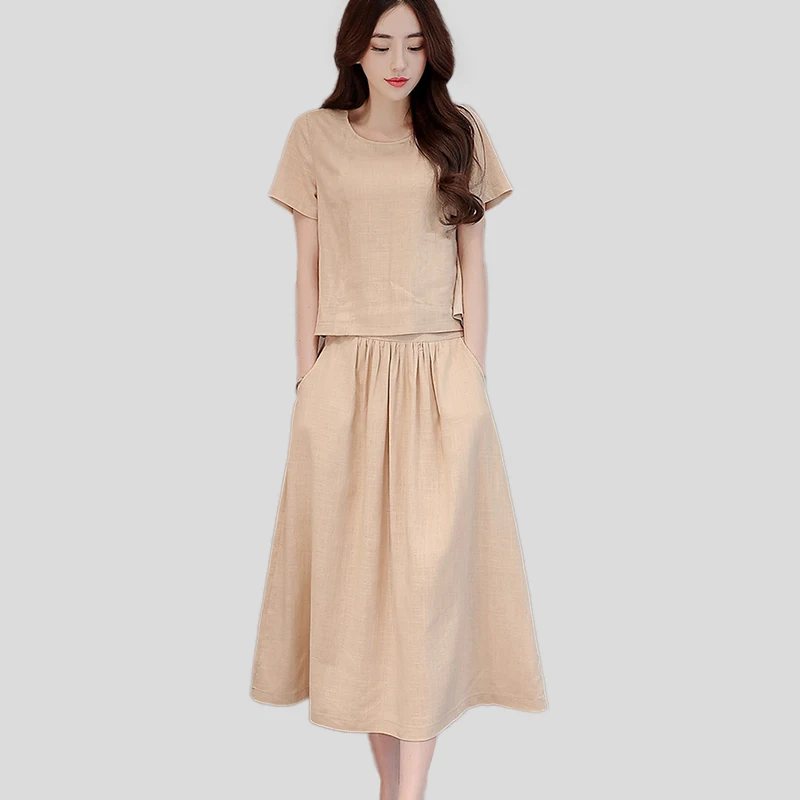 2018 новый летний корейский хлопок конопли женщина шею сплошной Цвет короткий рукав Топ средней длины юбка Повседневное дышащий из двух