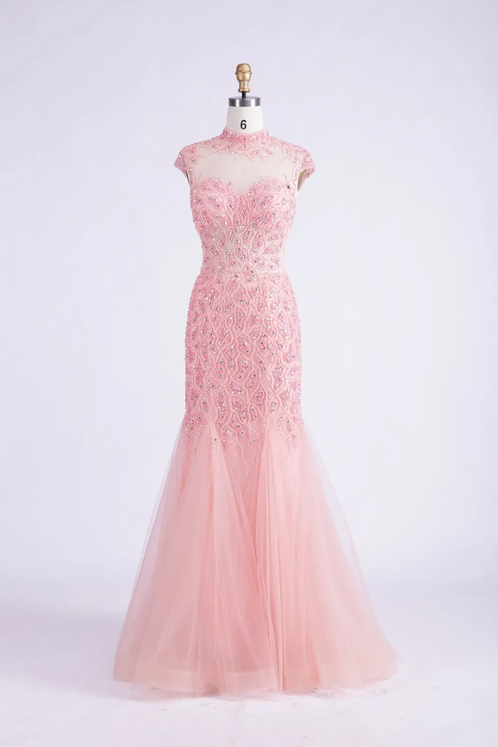 Finove, дизайн, модное розовое Тюлевое платье-Русалка с высокой горловиной, прозрачная спина, бисероплетение, вечерние платья, Длинные вечерние платья - Цвет: Pink
