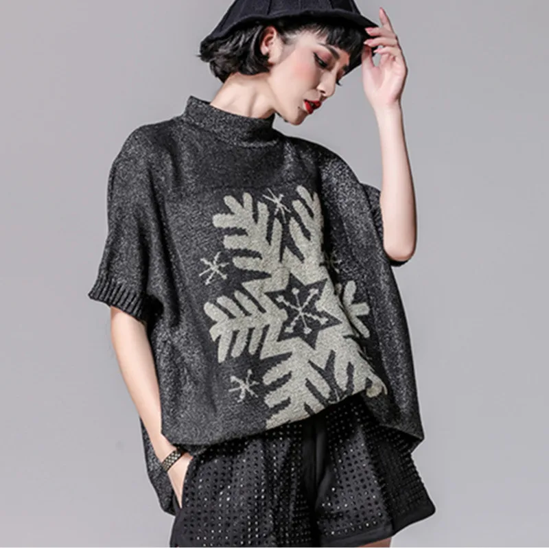 

LANMREM 2019 Autumn And Winter New Casual Fashion Women Loose Plus Solid Color Snowflake Pattern Short-sleeved Sweater TC629
