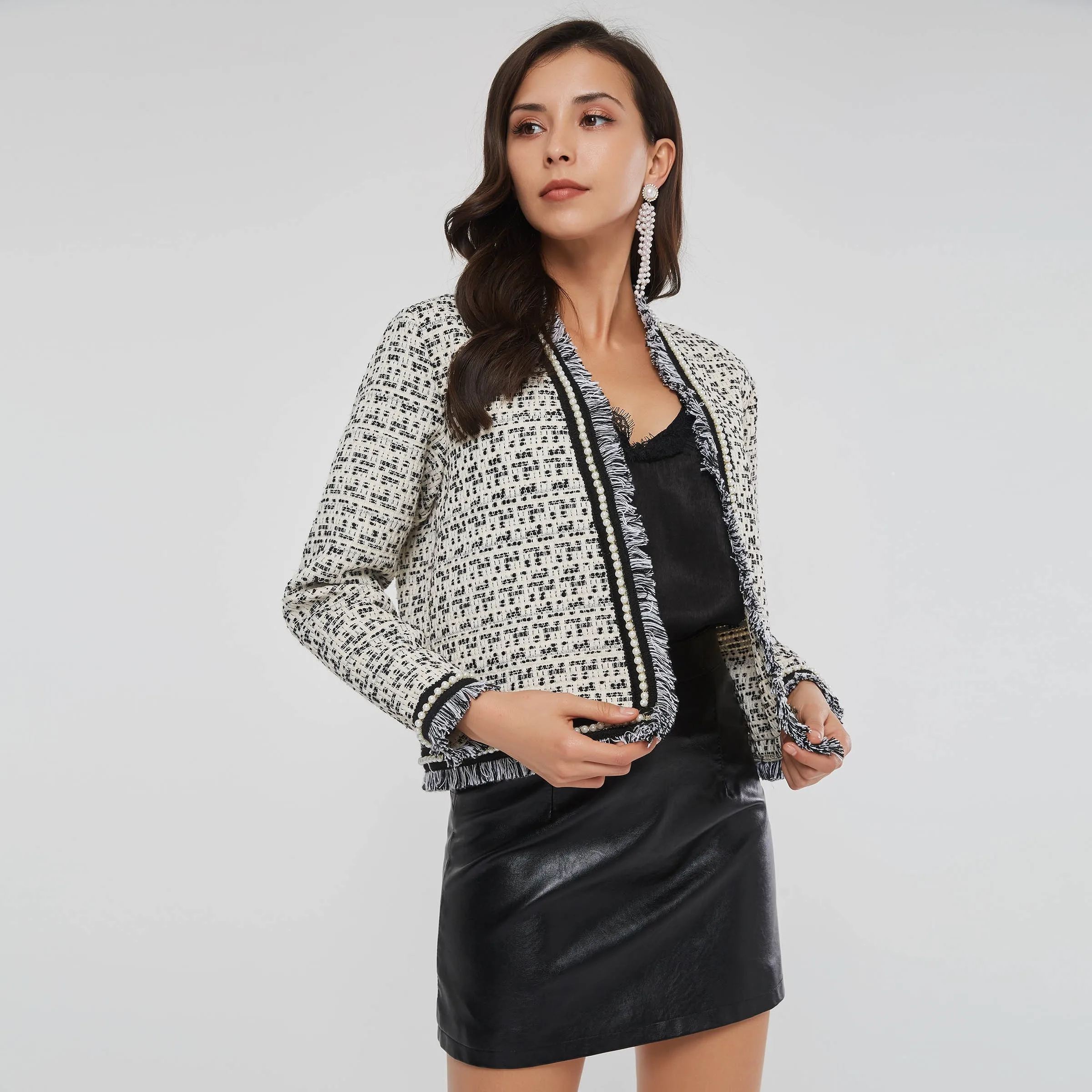 CasualTweedJacketCoatCardiganWomenAutumn2018BeadsPearlBlack