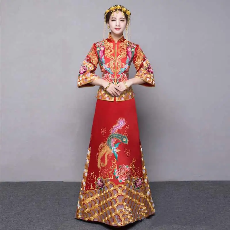 Красный невесты Qipao свадебное платье для женщин Традиционный китайский стиль выйти Cheongsam Длинные Vestido восточные платья халат Chinoise OY