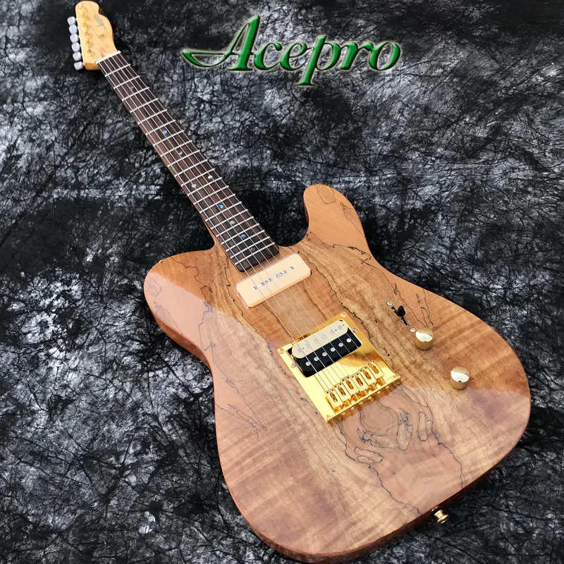 

In Stock ACEPRO Electric guitar, 2 piece Mahogany w/ Natural Spalted Maple, Abalone dots inlay, Gold Hardware, Have Video