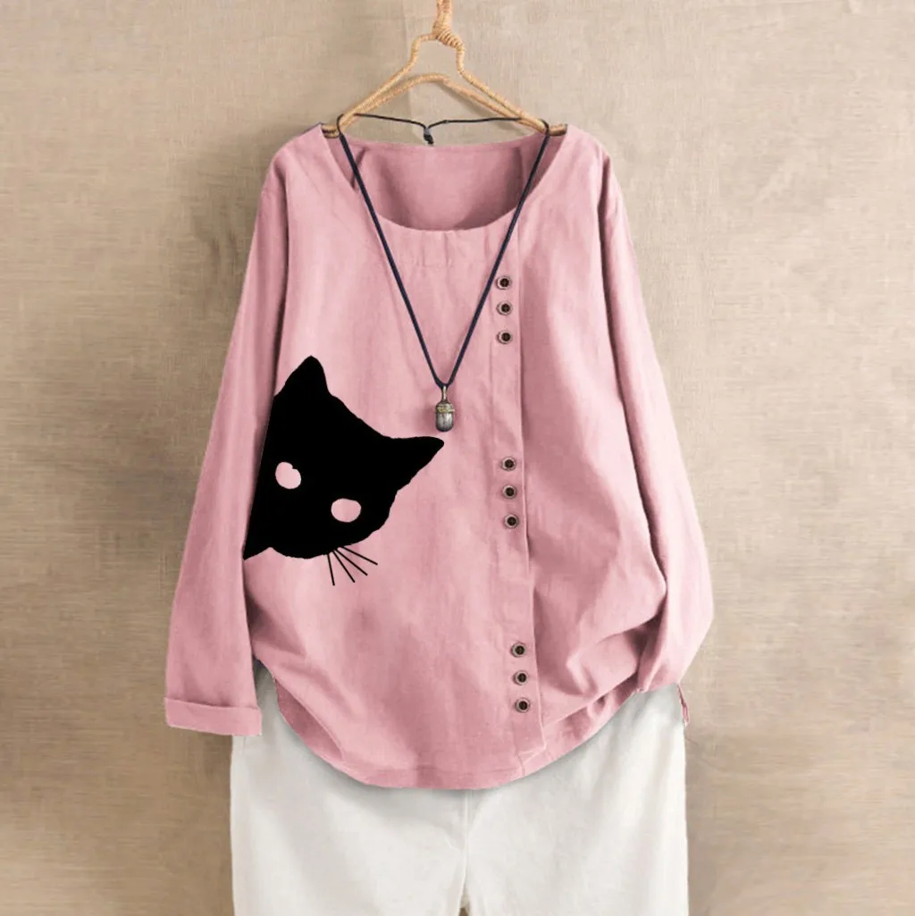 

Plus Size Fashion Cotton Linen Cat Print Blouse Casual Buttons Loose V-Neck Top Female Women's Long Sleeve Shirt Blusa Pullover