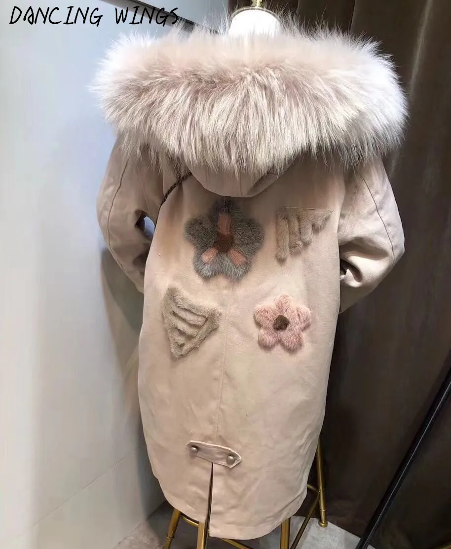 Back Mink Fur Flowers Embroidery Women Winter Jacket Coat Detachable Rex Rabbit Fur Liner Long Real Fur Parka