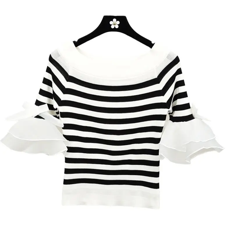 Женская модная полосатая футболка с вырезом-лодочкой, топы для девочек, трикотажная шифоновая футболка в стиле пэчворк, укороченный Топ для женщин - Цвет: white stripe