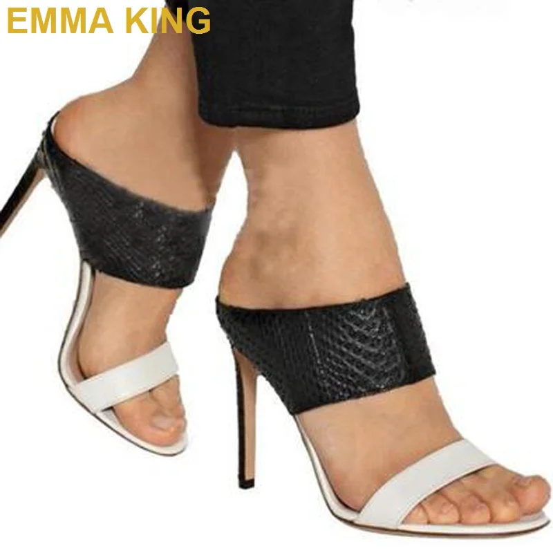 

EMMA KING 2019 Brand New Black White Leather Open Toe Slip On Women Mules Summer Sandals Sexy Stiletto Thin High Heel Slingbacks