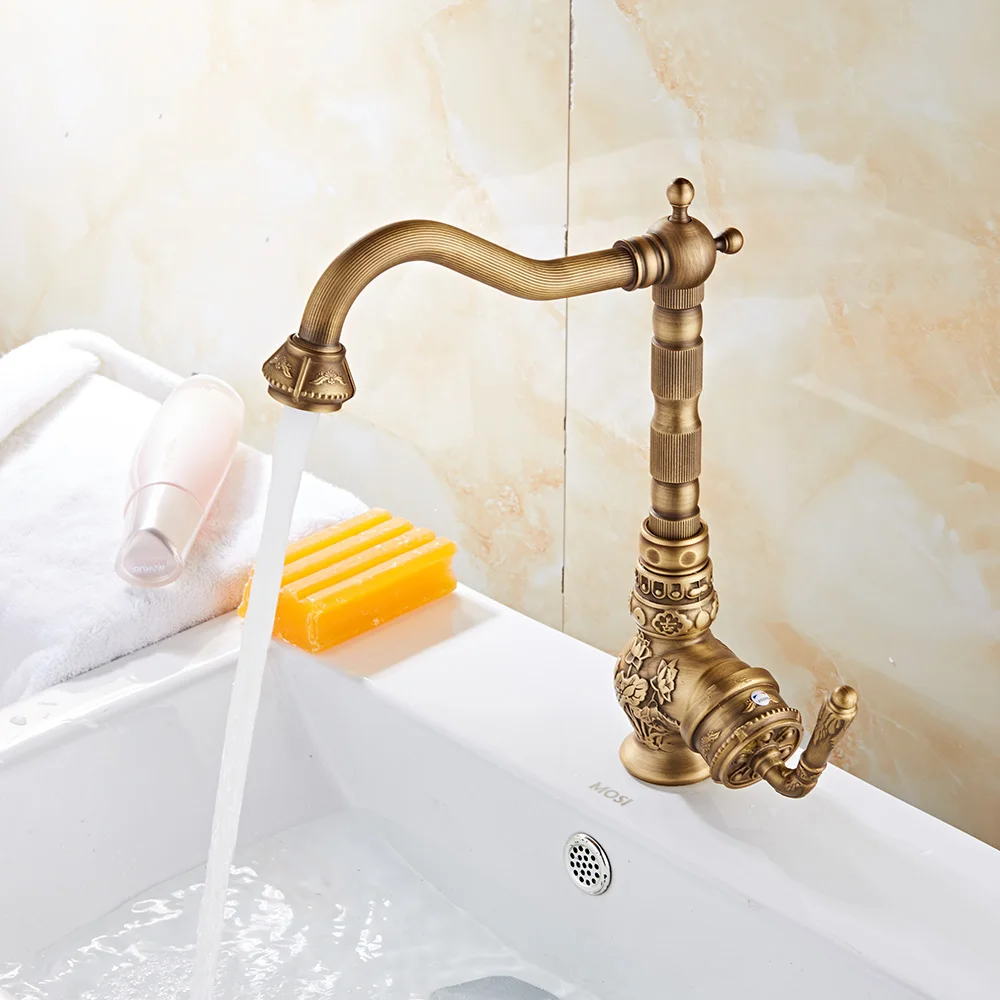 Retro Style Antique Brass Kitchen Faucet Hot & Cold Mixer Tap Single Hole Bathroon Faucet Rotatable crane Retro Style Antique Brass Kitchen Faucet Hot & Cold Mixer Tap Single Hole Bathroon Faucet Rotatable crane
