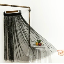 Женская летняя длинная юбка из фатина со звездами, повседневная, сексуальная, с высокой талией, прозрачная, однослойная, кружевная, открытая, плиссированная, белая, миди юбка 213