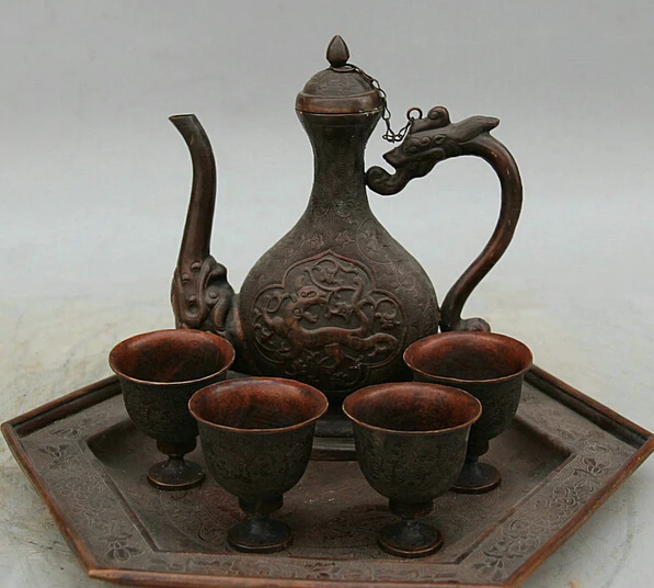 

JP S0524 11" Chinese Copper Folk Dragon Beast goblet oxhorn cup Wine Tea Pot Flagon Set