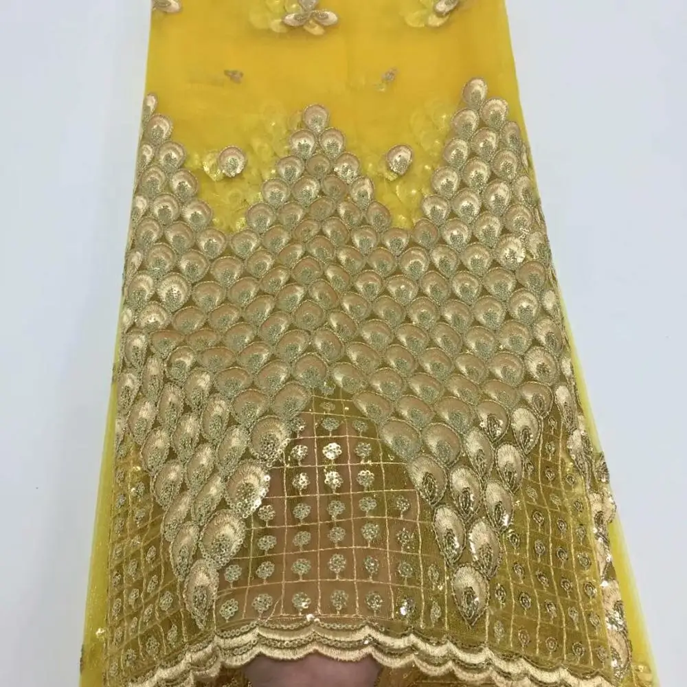 

African Lace Fabric 2019 High Quality Lace Sequins Fabric French Nigerian Gold Lace Fabric 3d Embroidery Wedding Lace 5 yards
