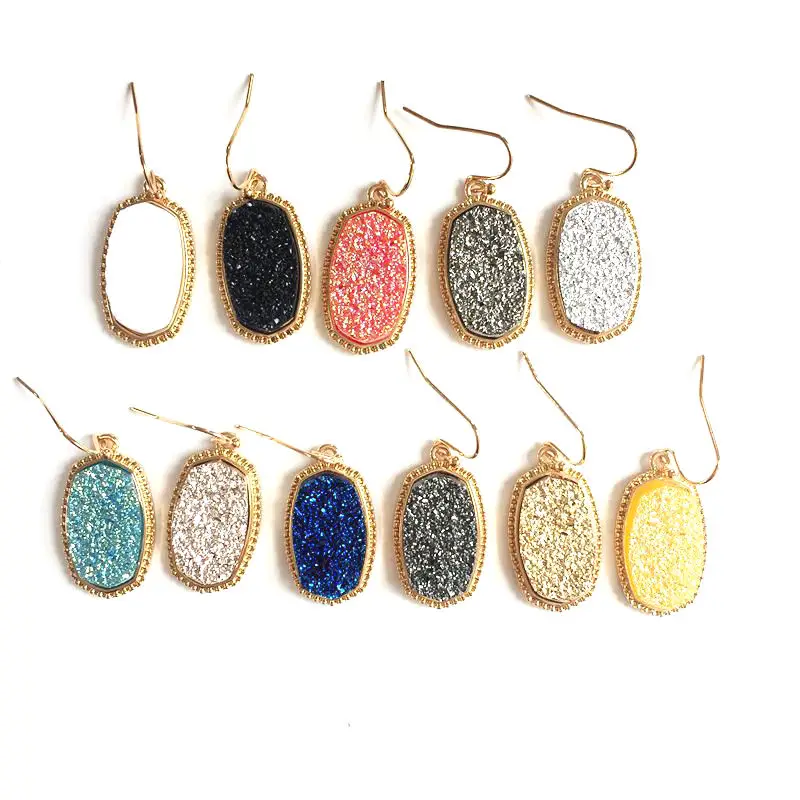 

YJX030 Gold Tone Oval Multi Druzy Glitter Stone Statement Drop Earrings
