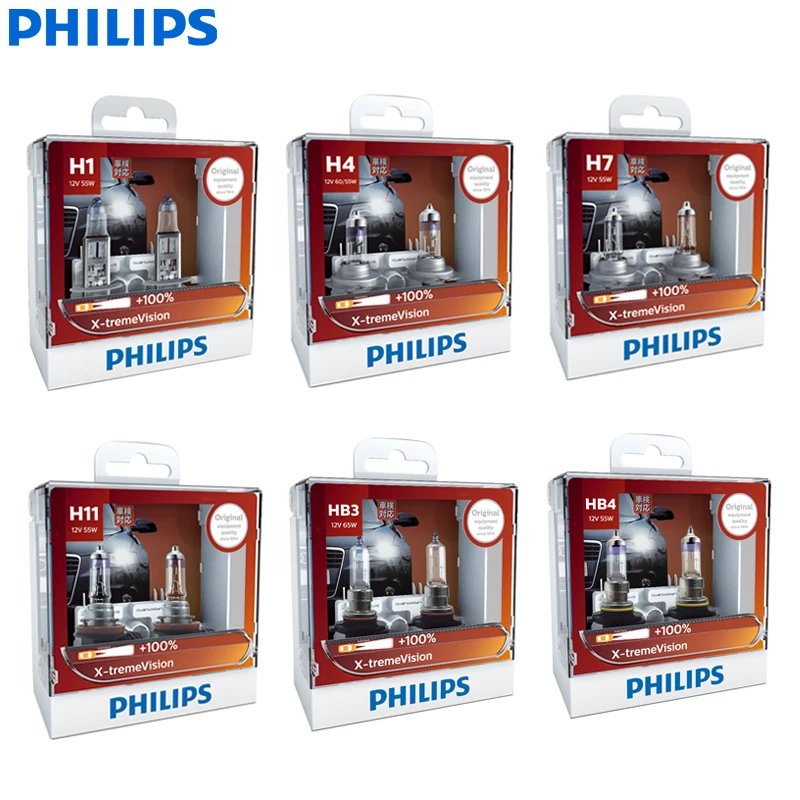 Светодиодная лампа Philips X-treme Vision H1 H4 H7 H11 9003 9005 9006 HB2 HB3 HB4 XV 12V+ более яркий светильник автомобильные галогенные лампы головного светильник(двойная