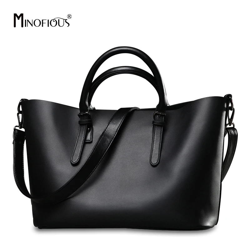 

MINOFIOUS Fashion Women Genuine Leather Handbags Ladies Brand Hobos Bag Casual Solid Tote Bag Large Capacity Black Shoulder Bags