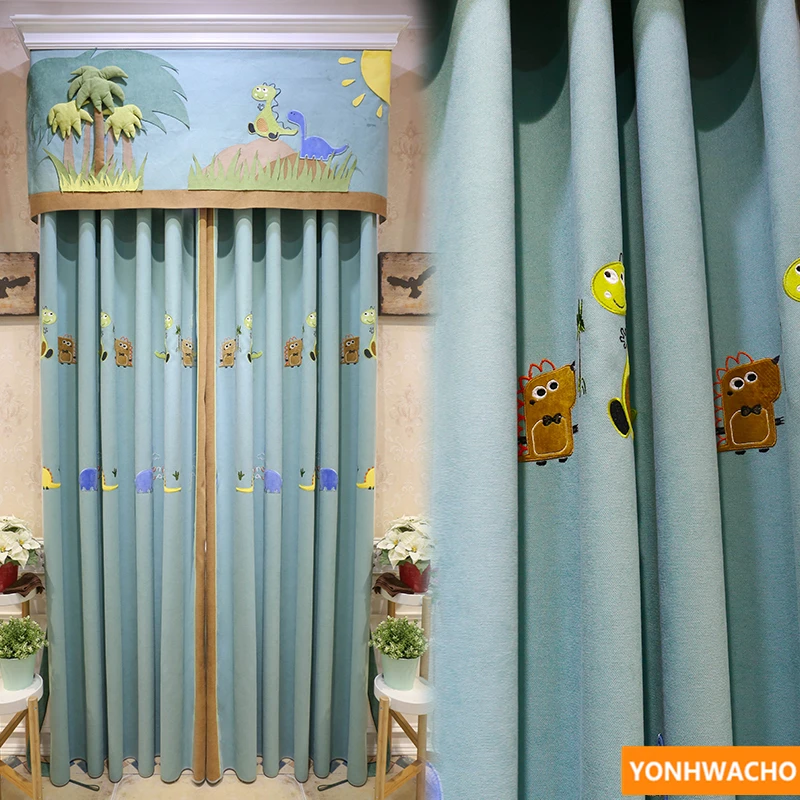 Personalizada de cortinas Chevron parche bordado de dinosaurio de dibujos animados tela engrosamiento tela azul cortinas de tul cenefa N620 - 2