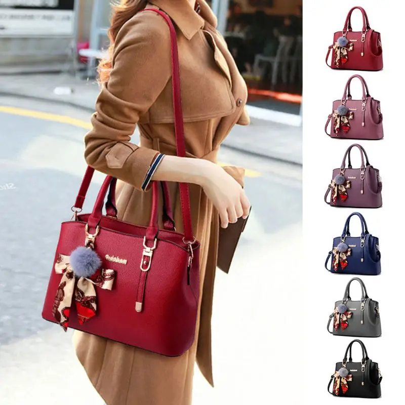 

Women Handbag PU Leather Ladies Satchel With Scarf Fur Ball Pendant Tote Crossbody Shoulder Bag Purse