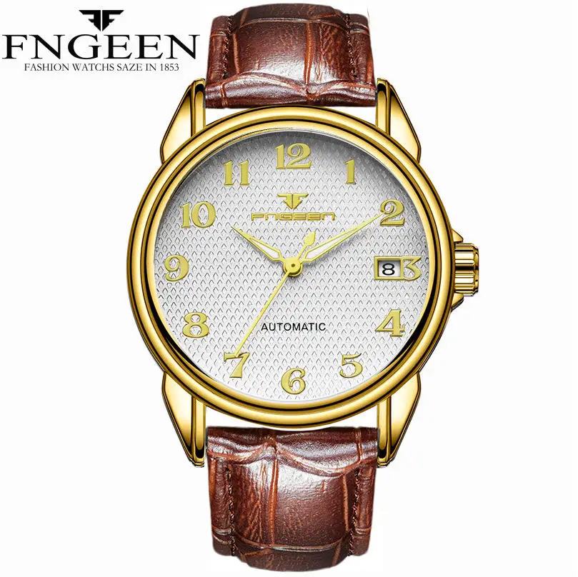FNGEEN мужские часы светящиеся Мужские механические часы ремешок из нержавеющей стали мужские часы Топ бренд Роскошные автоматические наручные часы - Цвет: leather gold white