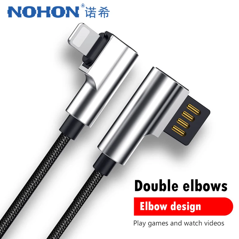 

NOHON 3A Double Elbow Charging Data Cable For iPhone XS MAX XR X 8 7 6 Plus 5S Zinc Alloy Fast Charge Line For iPad Charger Cord