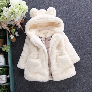 

Faux Fur Coat Girls Fleece Parka Girl Winter Jacket Coat 2019 New Casual Cute Big Ear Solid Hooded Warm Jacket Children